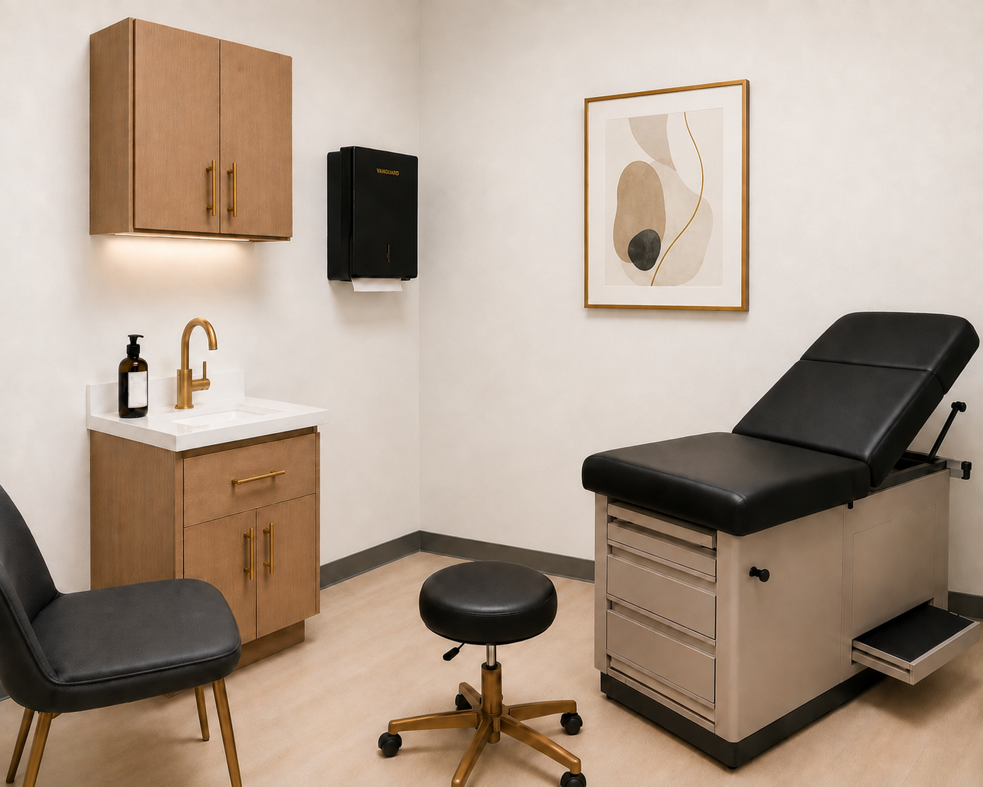 A private, warmly lit exam room with wood cabinetry, gold fixtures and modern medical furnishings